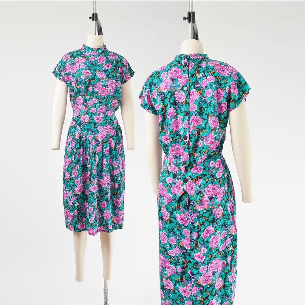 Vintage 80s Floral Rose Print Cap Sleeve Basque Waist Midi Dress size M